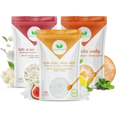 Kit complet : grains de kéfir d'eau, grains de kéfir de lait et SCOBY de kombucha